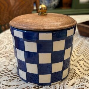 Blue and White Checkered Ceramic Jar with Wooden Lid
